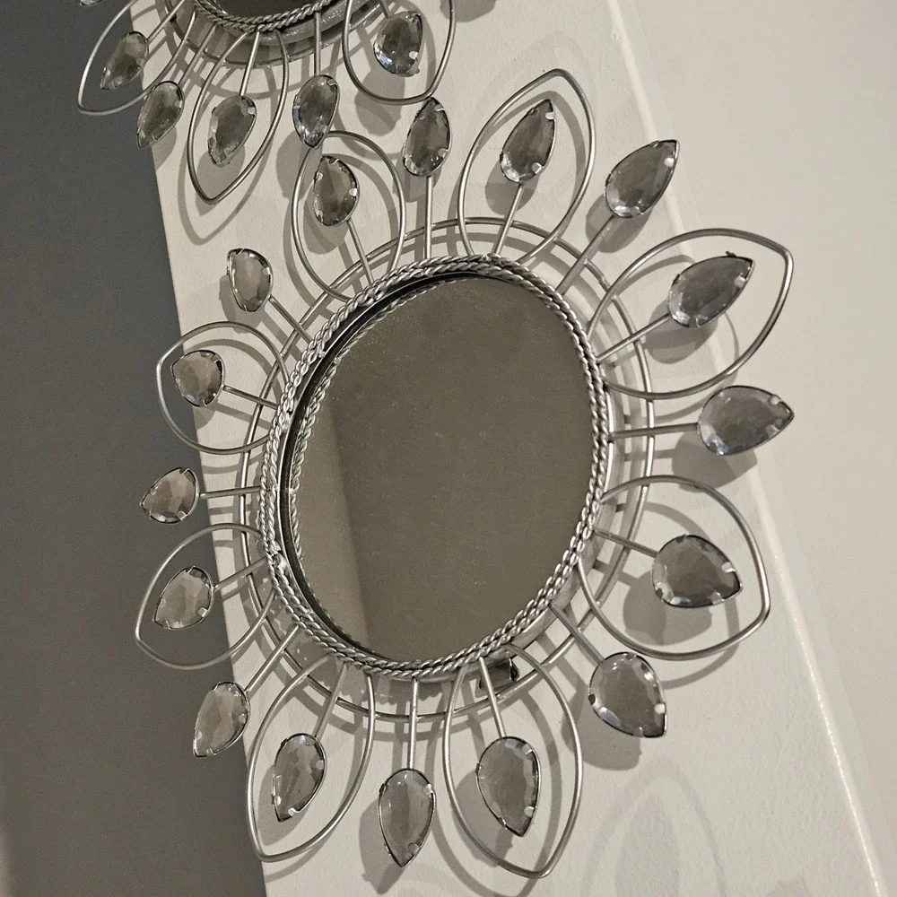 Silver Sunburst Wall Mirror Set of 3 Crystal Rhinestone Floral Glam Decor 9.5 in